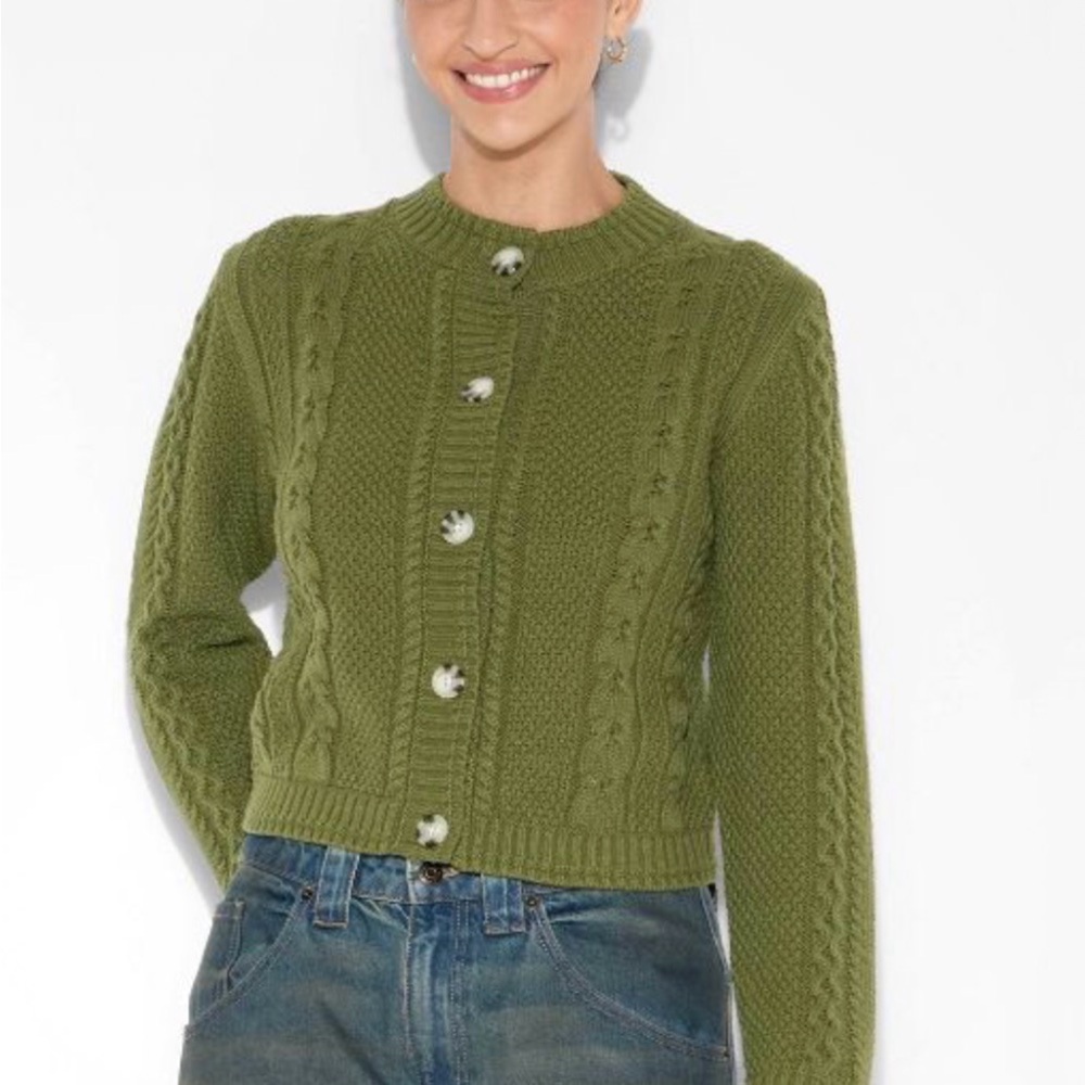 Olive Green Cable Knit Cardigan Sweater